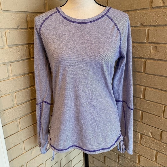 Lucy Tech Striped Ruched Top Womens Medium M Thumb Hole Pullover Crew Shirt - Picture 1 of 9